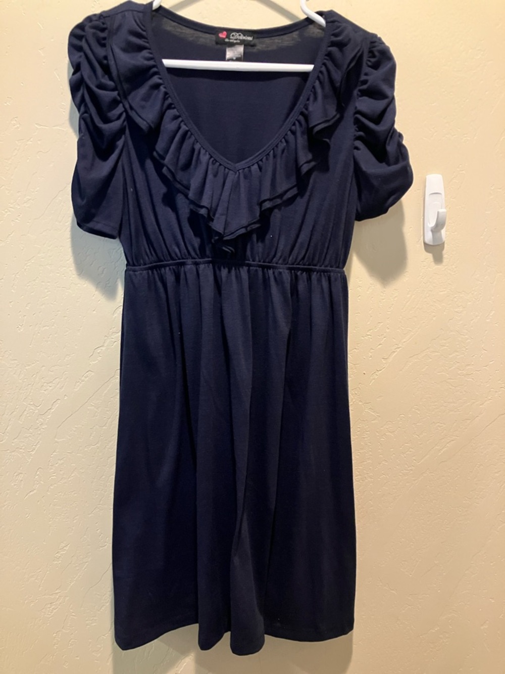 Delirious Navy Dress with Elastic Waist, Ruffled Neckline, Puff Short Sleeves M